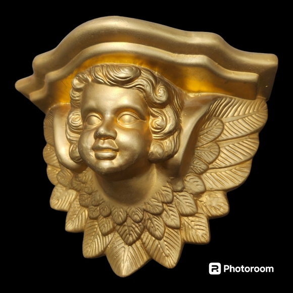 Vintage MCM Hollywood Regency Cherub Angel Wall Shelf Scone Corbel Plaster Gold - Picture 4 of 12